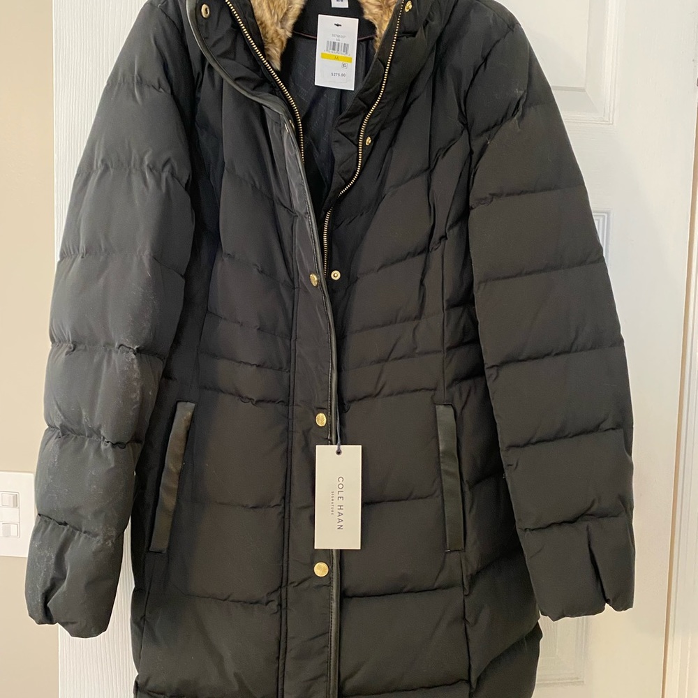 Cole Hann NEW Black Puffer Coat Fur Trim w/hidden hood Medium